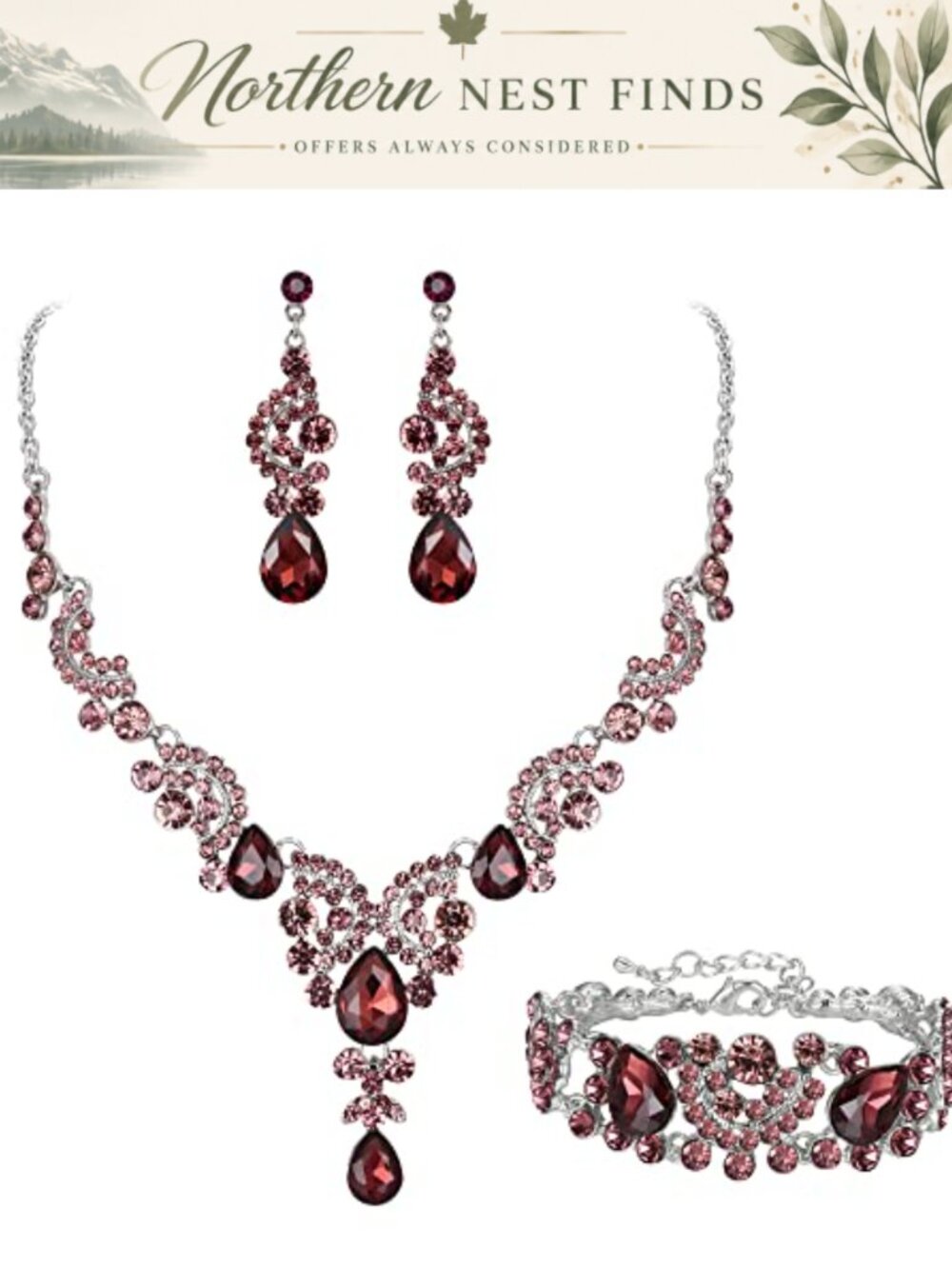 Rhinestone Crystal Floral Wave Wedding Jewelry Set Necklace Earrings Bracelet